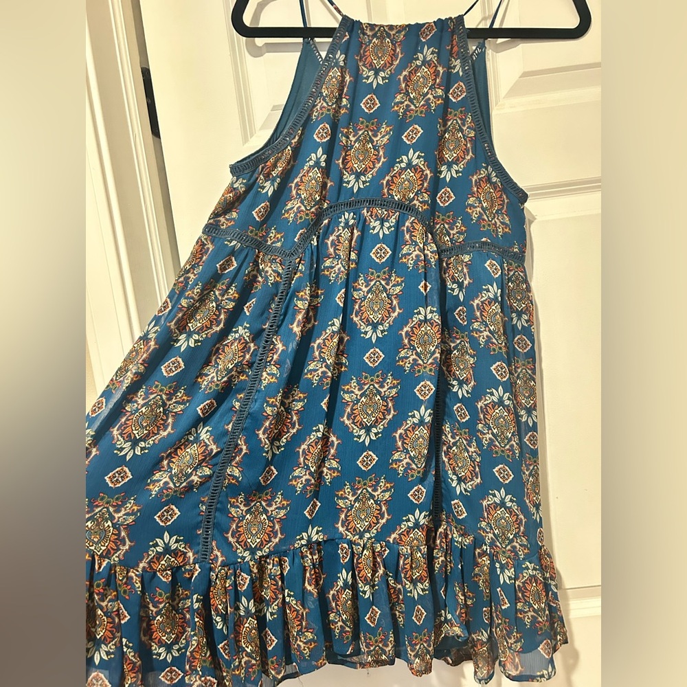 Coco + Jaimeson Bohemian Festival Print Lined Teal Mini Dress Tunic Tank Top - Picture 4 of 14